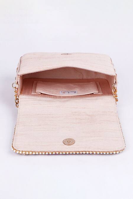 Fuchsia_Gold Embroidery, Beads, Rhinestones Embellished Silk Clutch _Online_at_Aza_Fashions