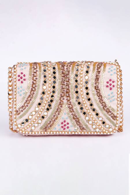 Shop_Fuchsia_Gold Embroidery, Beads, Rhinestones Embellished Silk Clutch _at_Aza_Fashions