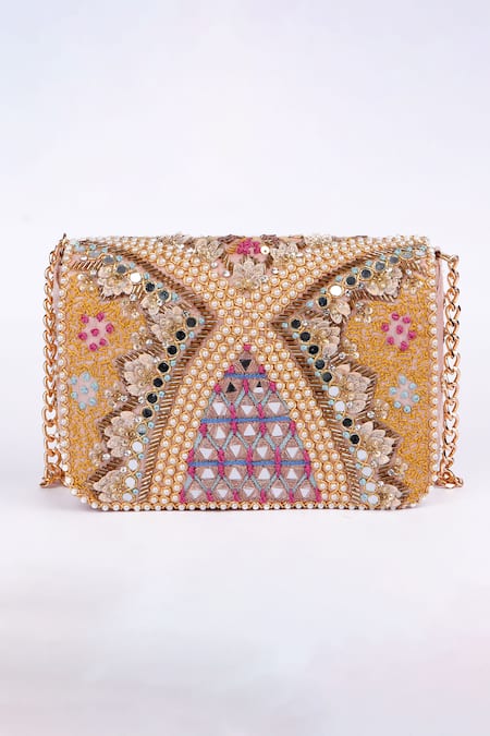 Buy_Fuchsia_Gold Embroidery, Beads, Rhinestones Embellished Silk Clutch _Online_at_Aza_Fashions