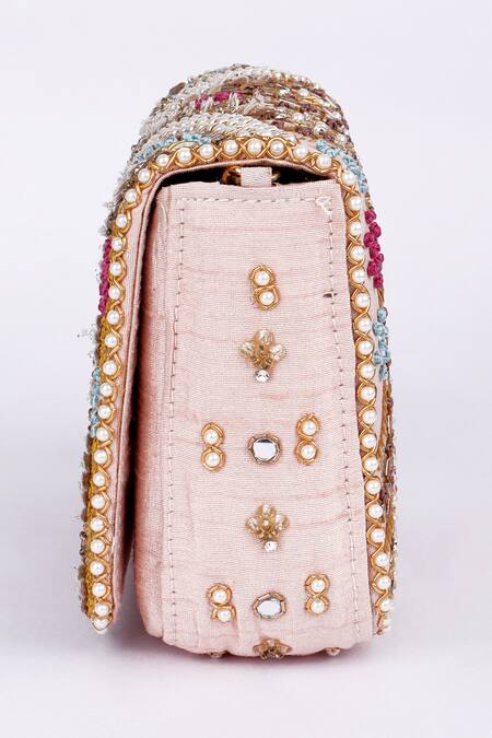 Shop_Fuchsia_Gold Embroidery, Beads, Rhinestones Embellished Silk Clutch _Online_at_Aza_Fashions