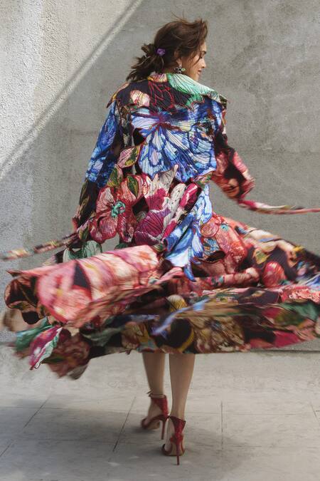 Saaksha & Kinni_Multi Color Cotton Embroidery Floral Print Asymmetric Coat_at_Aza_Fashions