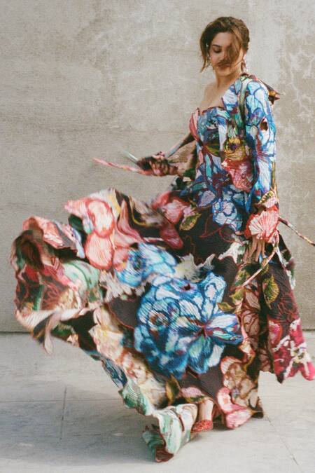 Shop_Saaksha & Kinni_Multi Color Cotton Cut Work, Embroidery Floral Print Asymmetric Maxi Dress_Online_at_Aza_Fashions