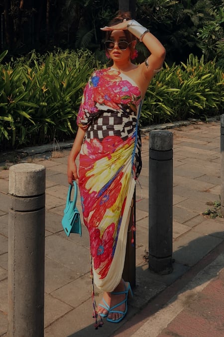 Saaksha & Kinni Multi Color Cotton, Silk Tassels One Shoulder Abstract Floral Midi Dress at Aza Fashions Saaksha & Kinni_Multi Color Cotton, Silk Tassels One Shoulder Abstract Floral Midi Dress _at_Aza_Fashions