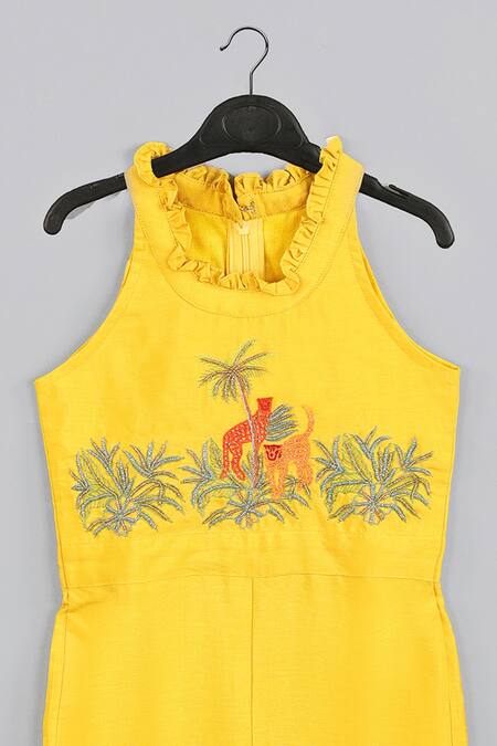Little Brats_Yellow Silk Beads, Embroidery Cheetah Threadwork Embellished Jumpsuit _Online_at_Aza_Fashions