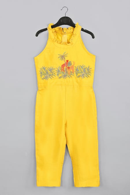 Little Brats Yellow Silk Beads, Embroidery Cheetah Threadwork Embellished Jumpsuit 