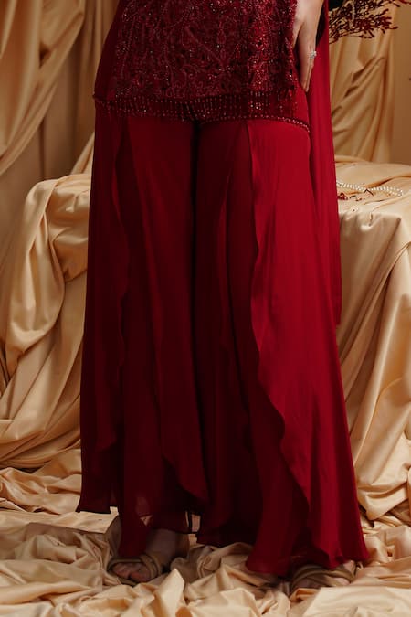 Jade By Ashima_Maroon Organza, Crepe Embroidery, Beads Sweetheart Neck Kurta Set _Online_at_Aza_Fashions