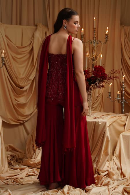 Jade By Ashima Maroon Embroidered Kurta Set 