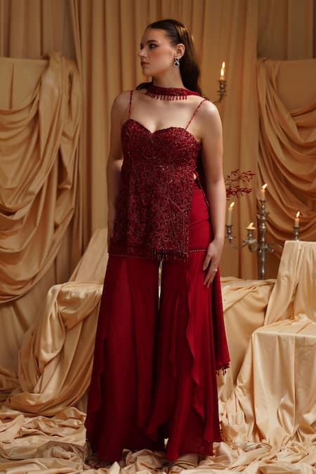 Shop_Jade By Ashima_Maroon Organza, Crepe Embroidery, Beads Sweetheart Neck Kurta Set _Online_at_Aza_Fashions