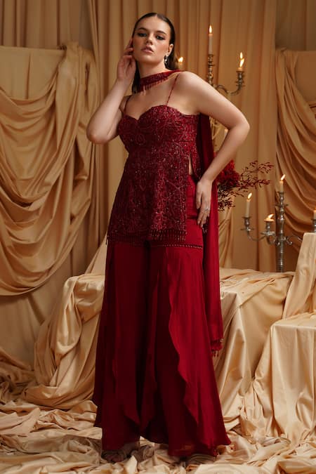 Buy_Jade By Ashima_Maroon Organza, Crepe Embroidery, Beads Sweetheart Neck Kurta Set 