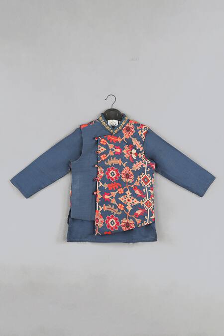 Little Brats_Blue Cotton, Maheshwari, Silk Zari, Embroidery Floral Zardozi Bundi Kurta Set _Online_at_Aza_Fashions