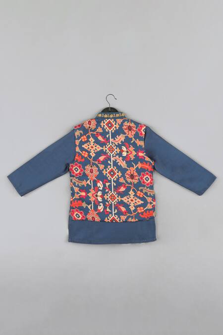 Buy_Little Brats_Blue Cotton, Maheshwari, Silk Zari, Embroidery Floral Zardozi Bundi Kurta Set _Online_at_Aza_Fashions