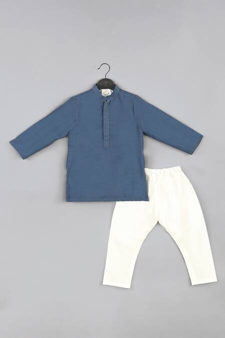 Little Brats_Blue Cotton, Maheshwari, Silk Zari, Embroidery Floral Zardozi Bundi Kurta Set _at_Aza_Fashions