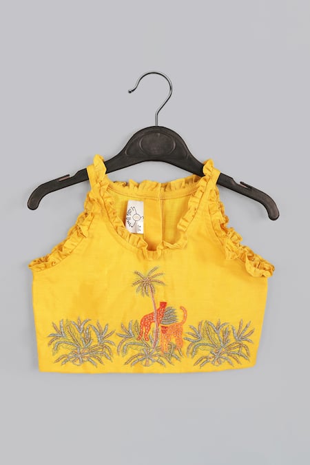 Little Brats_Yellow Silk, Cotton Beads, Cheetah Threadwork Embellished Blouse With Lehenga _Online_at_Aza_Fashions