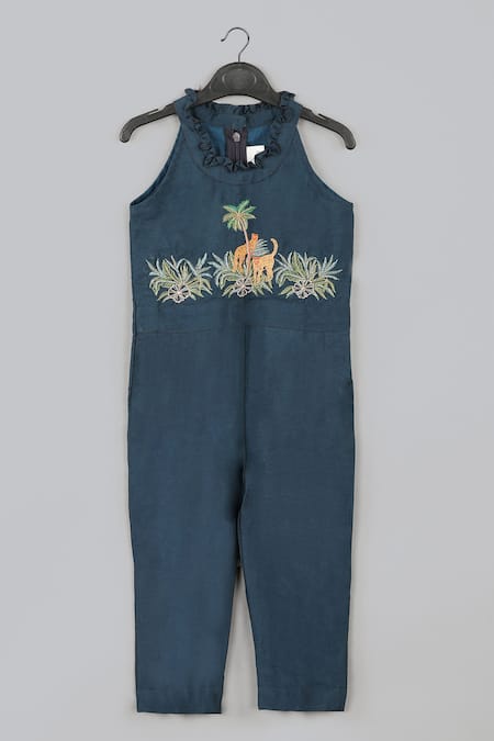 Little Brats Blue Silk Beads, Embroidery Cheetah Threadwork Jumpsuit 