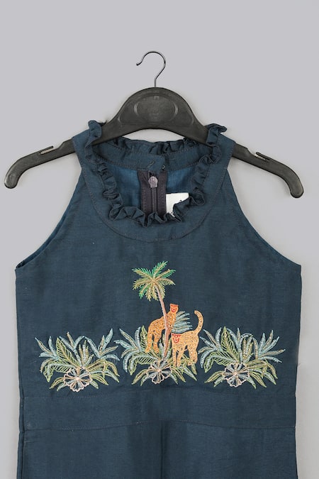 Little Brats_Blue Silk Beads, Embroidery Cheetah Threadwork Jumpsuit _Online_at_Aza_Fashions