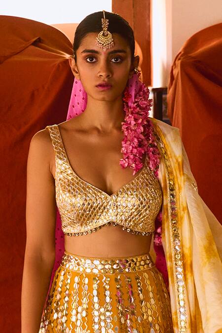 Shop Anushka Khanna Mustard Silk, Crepe, Organza Embroidery, Sequins Round Neck Hand Lehenga Set at Aza Fashions Shop_Anushka Khanna_Mustard Silk, Crepe, Organza Embroidery, Sequins Round Neck Hand Lehenga Set_at_Aza_Fashions