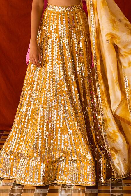 Anushka Khanna Mustard Silk, Crepe, Organza Embroidery, Sequins Round Neck Hand Lehenga Set Online at Aza Fashions Anushka Khanna_Mustard Silk, Crepe, Organza Embroidery, Sequins Round Neck Hand Lehenga Set_Online_at_Aza_Fashions