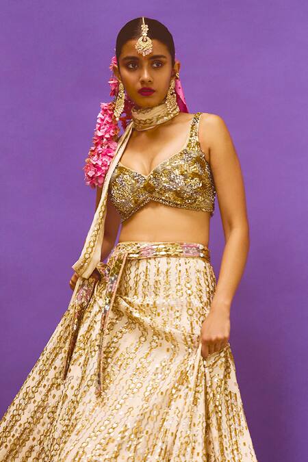 Anushka Khanna Beige Silk, Crepe, Organza Embroidery, Sequins Round Neck Hand Lehenga Set Online at Aza Fashions Anushka Khanna_Beige Silk, Crepe, Organza Embroidery, Sequins Round Neck Hand Lehenga Set_Online_at_Aza_Fashions