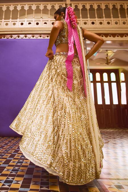 Shop Anushka Khanna Beige Silk, Crepe, Organza Embroidery, Sequins Round Neck Hand Lehenga Set at Aza Fashions Shop_Anushka Khanna_Beige Silk, Crepe, Organza Embroidery, Sequins Round Neck Hand Lehenga Set_at_Aza_Fashions