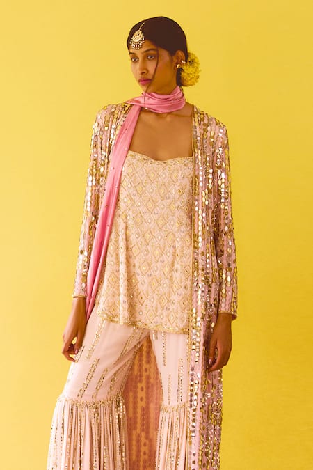 Anushka Khanna_Blush Silk, Crepe Sequins, Embroidery Round , Open Pink Hand Kurta Set_Online_at_Aza_Fashions