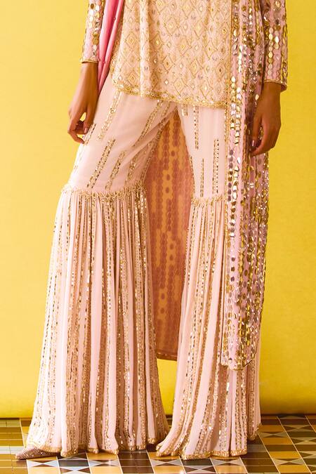 Buy_Anushka Khanna_Blush Silk, Crepe Sequins, Embroidery Round , Open Pink Hand Kurta Set_Online_at_Aza_Fashions