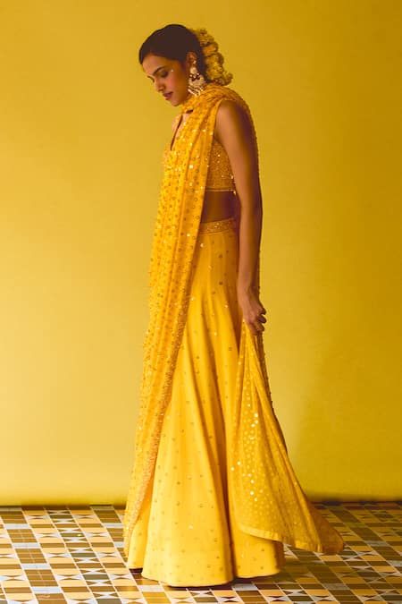 Shop_Anushka Khanna_Yellow Silk, Crepe Sequins Round Neck Marigold Hand Embroidered Lehenga Saree _at_Aza_Fashions