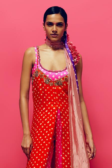 Shop Anushka Khanna Orange Gabardine Embroidery Round Neck And Pink Hand Kurta Set at Aza Fashions Shop_Anushka Khanna_Orange Gabardine Embroidery Round Neck And Pink Hand Kurta Set_at_Aza_Fashions