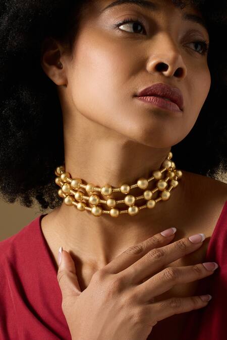 Buy_Joules By Radhika_Gold Plated Sculptural Finish Choker Necklace _Online_at_Aza_Fashions