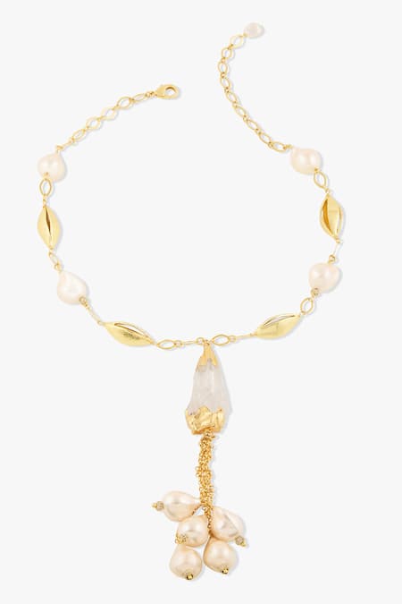 Shop Joules By Radhika Gold Plated Sirena Necklace With Baroque Pearls at Aza Fashions Shop_Joules By Radhika_Gold Plated Sirena Necklace With Baroque Pearls _at_Aza_Fashions