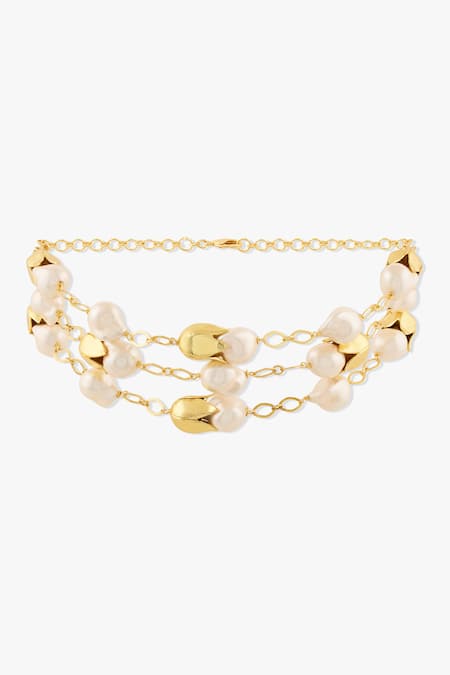 Shop_Joules By Radhika_Gold Plated Baroque Pearl Choker Necklace _at_Aza_Fashions