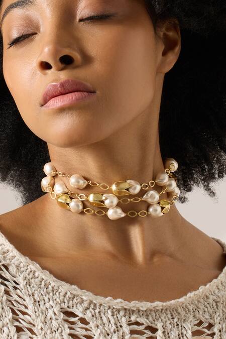 Buy_Joules By Radhika_Gold Plated Baroque Pearl Choker Necklace _Online_at_Aza_Fashions