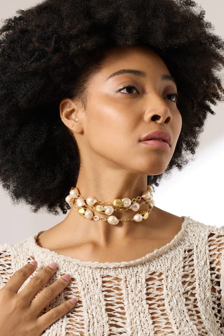 Joules By Radhika Gold Plated Baroque Pearl Choker Necklace 