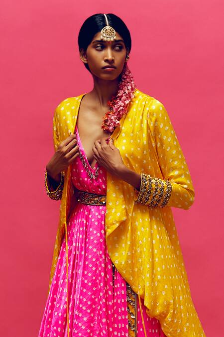 Shop Anushka Khanna Multi Color Silk, Gingham Embroidery V-neck, Open Neon Pink And Marigold Kurta Set at Aza Fashions Shop_Anushka Khanna_Multi Color Silk, Gingham Embroidery V-neck, Open Neon Pink And Marigold Kurta Set_at_Aza_Fashions