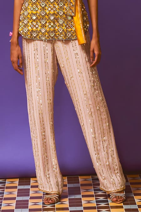 Anushka Khanna_Mustard Silk, Crepe Embroidery Scoop Neck Hand Kurta Set_Online_at_Aza_Fashions