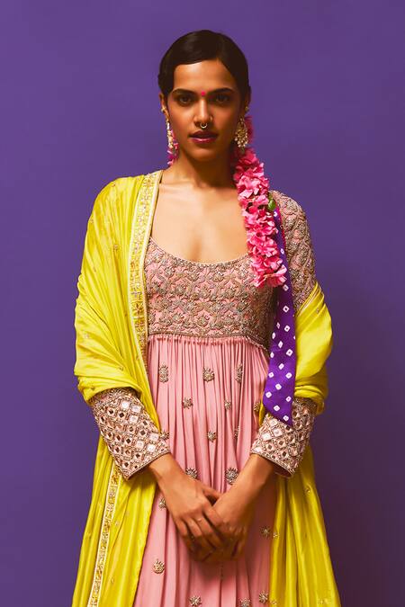 Anushka Khanna Rose Gold Silk, Organza Embroidery Round Neck Pink And Neon Yellow Anarkali Set 2