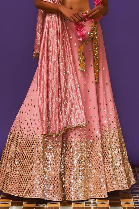 Anushka Khanna_Rose Gold Silk, Organza Embroidery, Sequins V-neck Pink Hand Lehenga Set _Online_at_Aza_Fashions