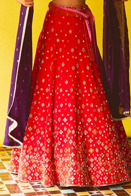 Anushka Khanna_Gold Silk, Crepe, Organza Sequins, Embroidery Burnt Orange And Purple Lehenga Set_Online_at_Aza_Fashions