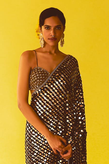 Anushka Khanna Black Silk, Georgette, Crepe Sequins, Embroidery Round Hand Classic Saree Set Online at Aza Fashions Anushka Khanna_Black Silk, Georgette, Crepe Sequins, Embroidery Round Hand Classic Saree Set_Online_at_Aza_Fashions