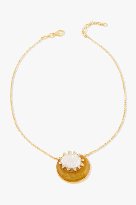 Shop Joules By Radhika Beige Agate And Baroque Pearl Pendant Necklace at Aza Fashions Shop_Joules By Radhika_Beige Agate And Baroque Pearl Pendant Necklace _at_Aza_Fashions