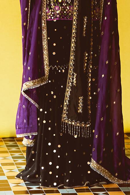 Anushka Khanna_Black Silk, Organza Sequins, Embroidery Round Neck And Purple Kurta Set_Online_at_Aza_Fashions