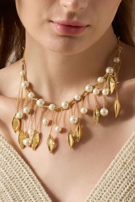 Joules By Radhika Gold Plated Olyssa Pearl And Finish Necklace Online at Aza Fashions Joules By Radhika_Gold Plated Olyssa Pearl And Finish Necklace _Online_at_Aza_Fashions