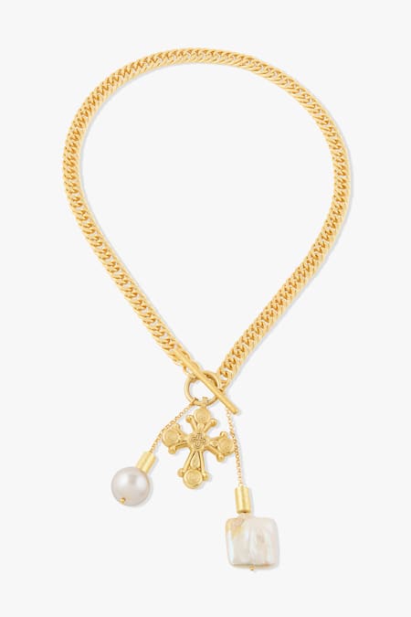 Joules By Radhika Sculptural Gold-Toned Necklace with Pearl Drop 
