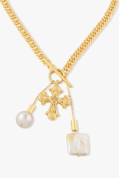 Joules By Radhika_Gold Plated Sculptural Gold-toned Necklace With Pearl Drop _Online_at_Aza_Fashions
