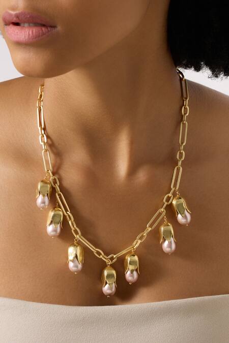 Joules By Radhika_Gold Plated Baroque Pearl Finish Necklace _at_Aza_Fashions