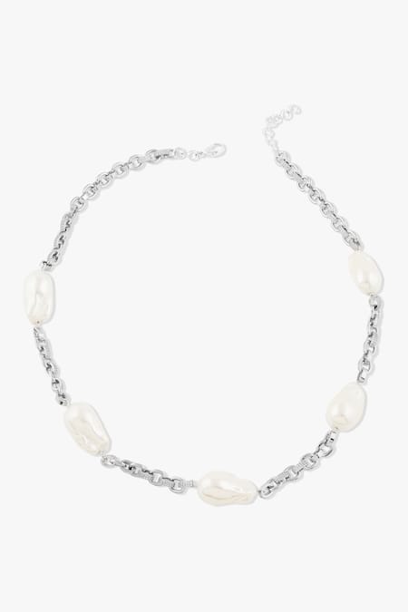 Shop_Joules By Radhika_Silver Plated Sculpted Baroque Pearl Necklace _at_Aza_Fashions
