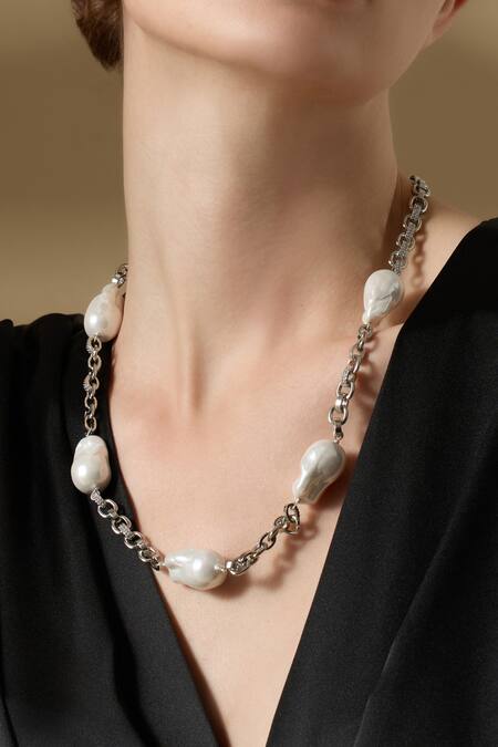 Buy_Joules By Radhika_Silver Plated Sculpted Baroque Pearl Necklace _Online_at_Aza_Fashions