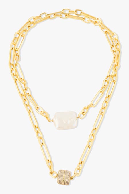 Shop_Joules By Radhika_Gold Plated Uzara Baroque Pearl Necklace _at_Aza_Fashions