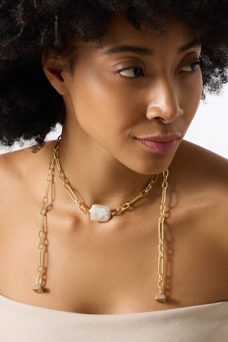 Shop_Joules By Radhika_Gold Plated Uzara Baroque Pearl Necklace _Online_at_Aza_Fashions