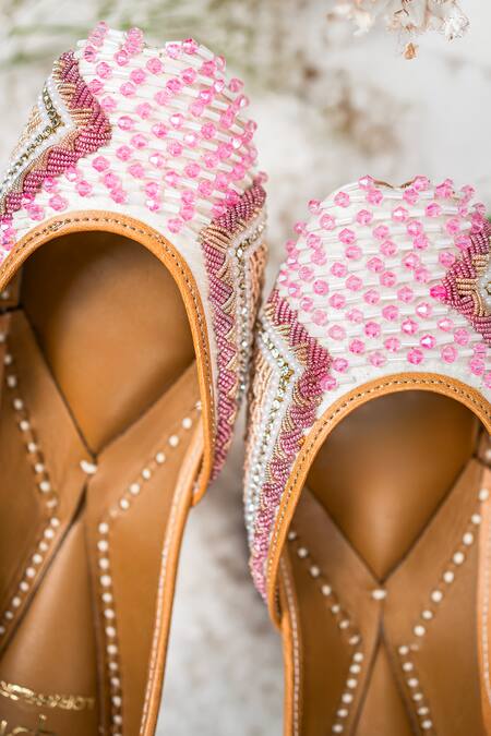Loryphilory_Pink Beaded Vegan Leather Juttis _at_Aza_Fashions