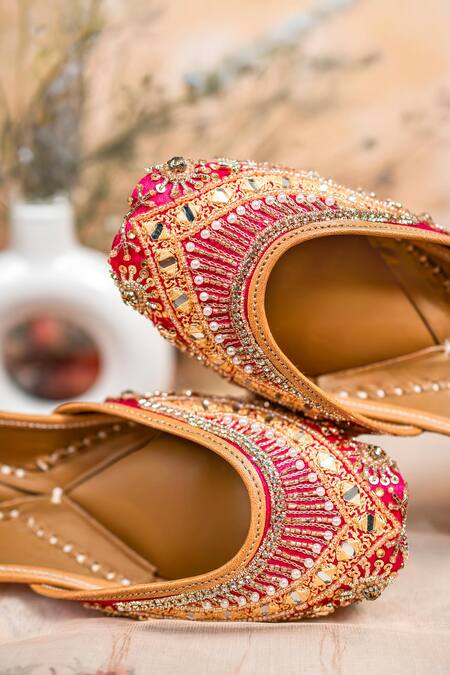 Shop_Loryphilory_Red Designer And Gold Mirror Work Juttis _at_Aza_Fashions